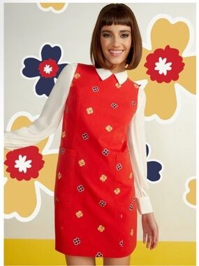 ModCloth Mid-Century Muse Red Embroidered Floral Shift Dress Retro 60s